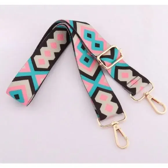 Geometric Pattern Adjustable Purse Strap In Pink, Black and Blue - Picture 2 of 9